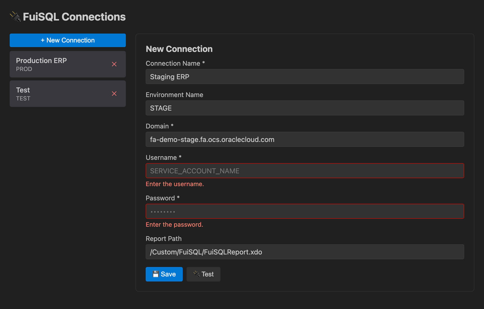 The Connection Manager showing missing-field messages