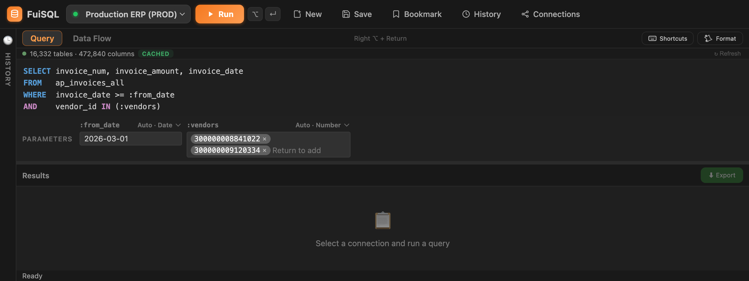 The parameter bar with a date and a list of vendor ids